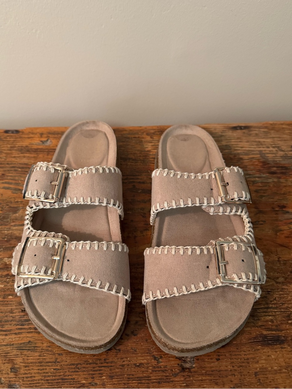 Haute Hippie Embro Whipstitch Double Buckle Suede Slide Sandals in Tan, Size 9
